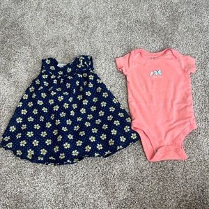 3/$9 baby girl 6 month bundle navy floral dress & coral pink onesie I love you
